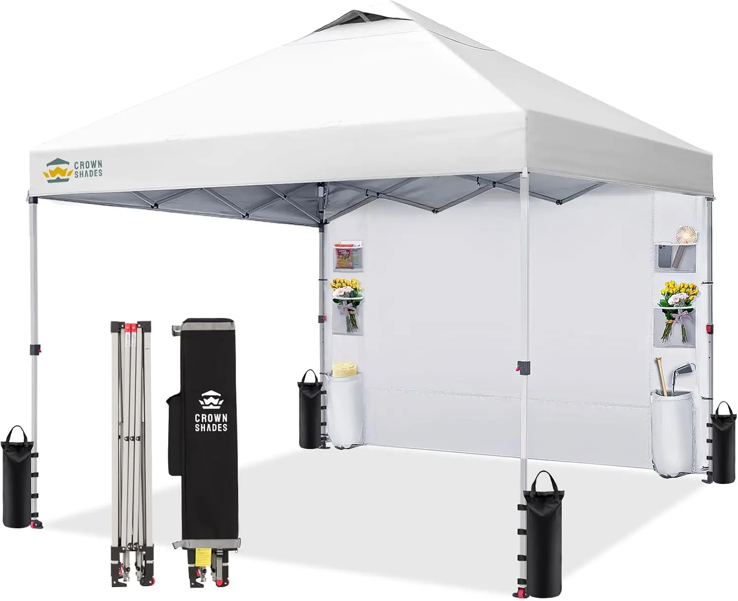 Outdoor Sun Shelter Canopy Tent, Grid White, Easy One Person Set Up with Pockets Sidewall