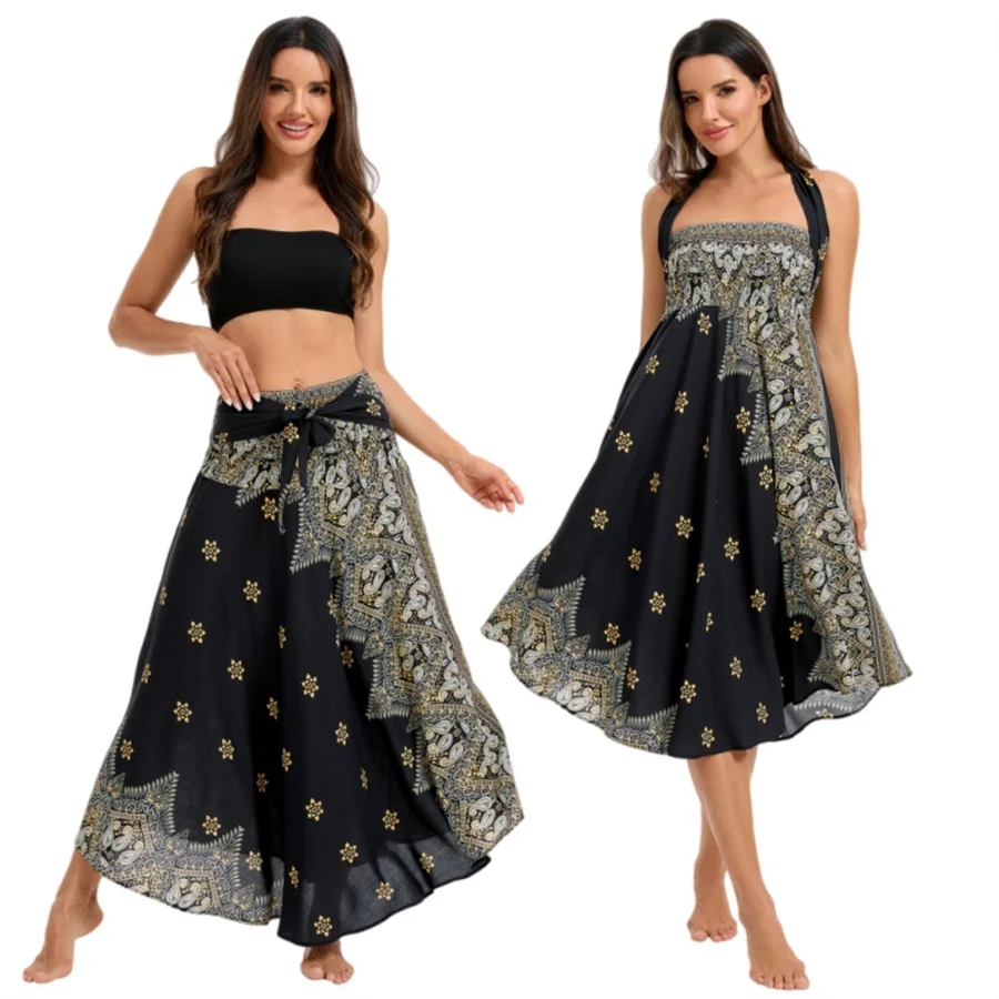 Damen Boho-Kleid aus Rayon, Atmungsaktiv, Weich, Sommerliches Bohemian Langes Kleid, Strandkleidung, Urlaub, Elastische Taille, Bandage-Neckholder, Hippie-Kleid – Detail 12