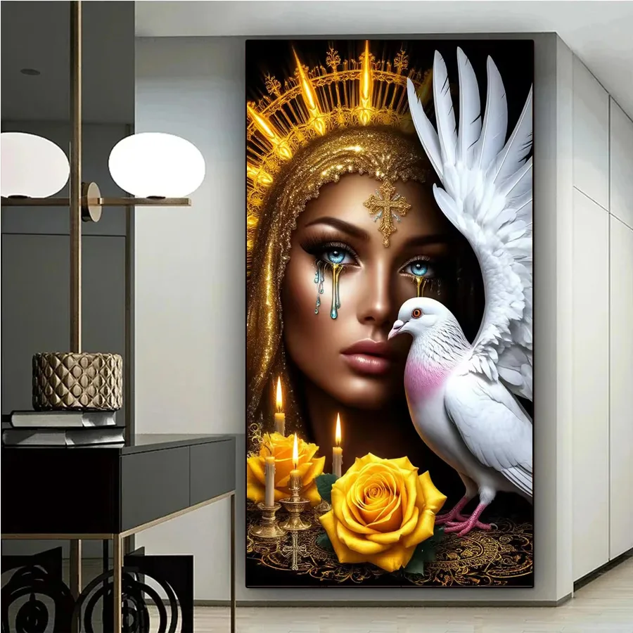 Russian Castle Full Diamond Painting Crying Tear Angel Girl White Pigeons Mosaic Embroidery Cross Stitch Virgin Mary big decor