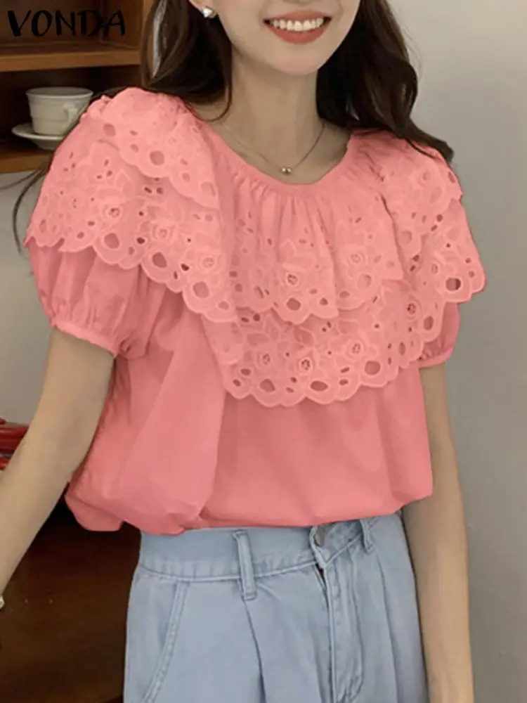 

VONDA Women Summer Shirt Fashion Lace Blouses Casual Short Sleeve Sexy Off Shoulder Tops 2024 Loose Solid Color Ruffled Blusas