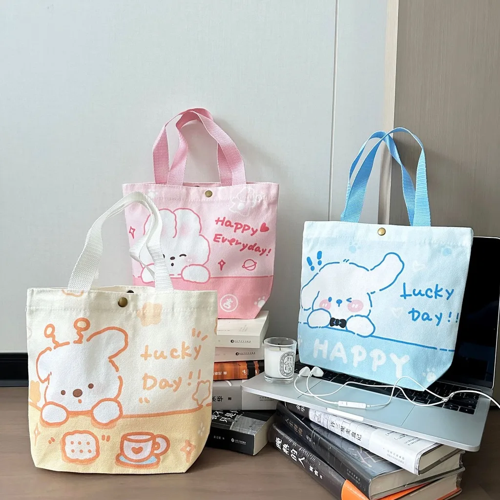 Cute Animal Canvas Tote Bag Cute Cartoon Bunny Cat Printed Lunch Handbag Small Casual Storage Pouch for Women Girls