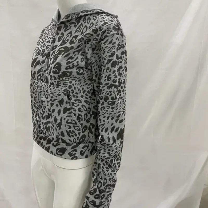 패션 하이 스트리트 레오파드 프린트 후드 스웨트셔츠 미국 가을 루즈핏 지퍼 긴팔 가디건 숏탑 여성 의류