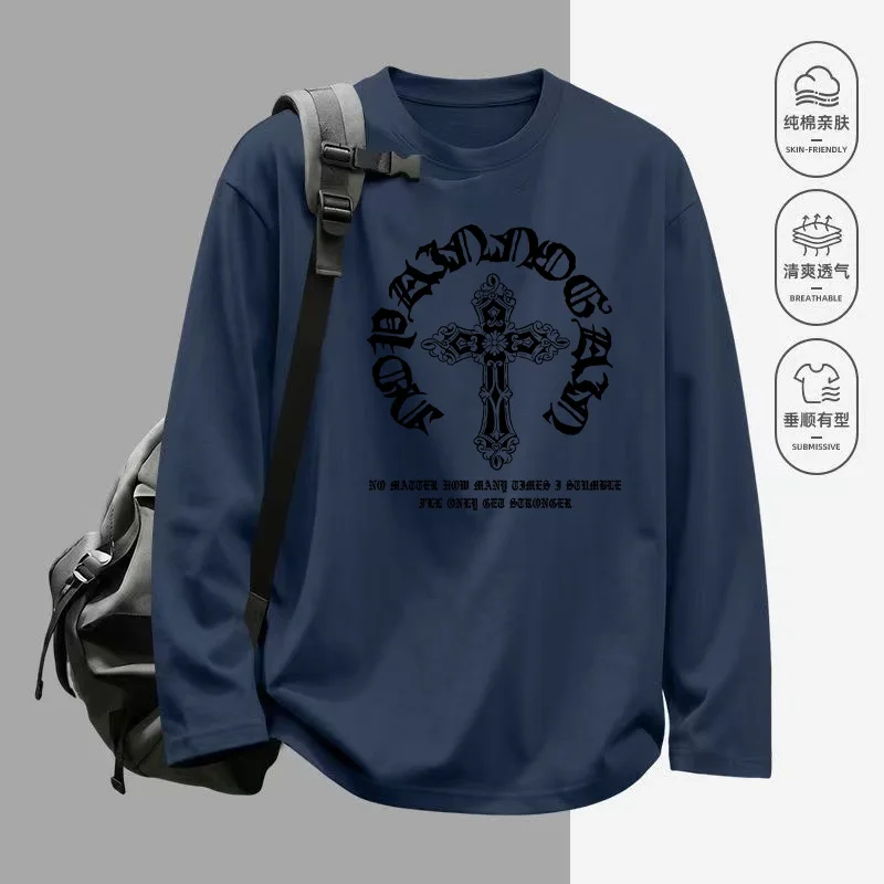 Herren Gothic Kreuzmuster Bedrucktes Langarm-T-Shirt aus 100% Baumwolle (230g) mit Rundhalsausschnitt, Lässiger Streetwear-Hoodie – Detail 6