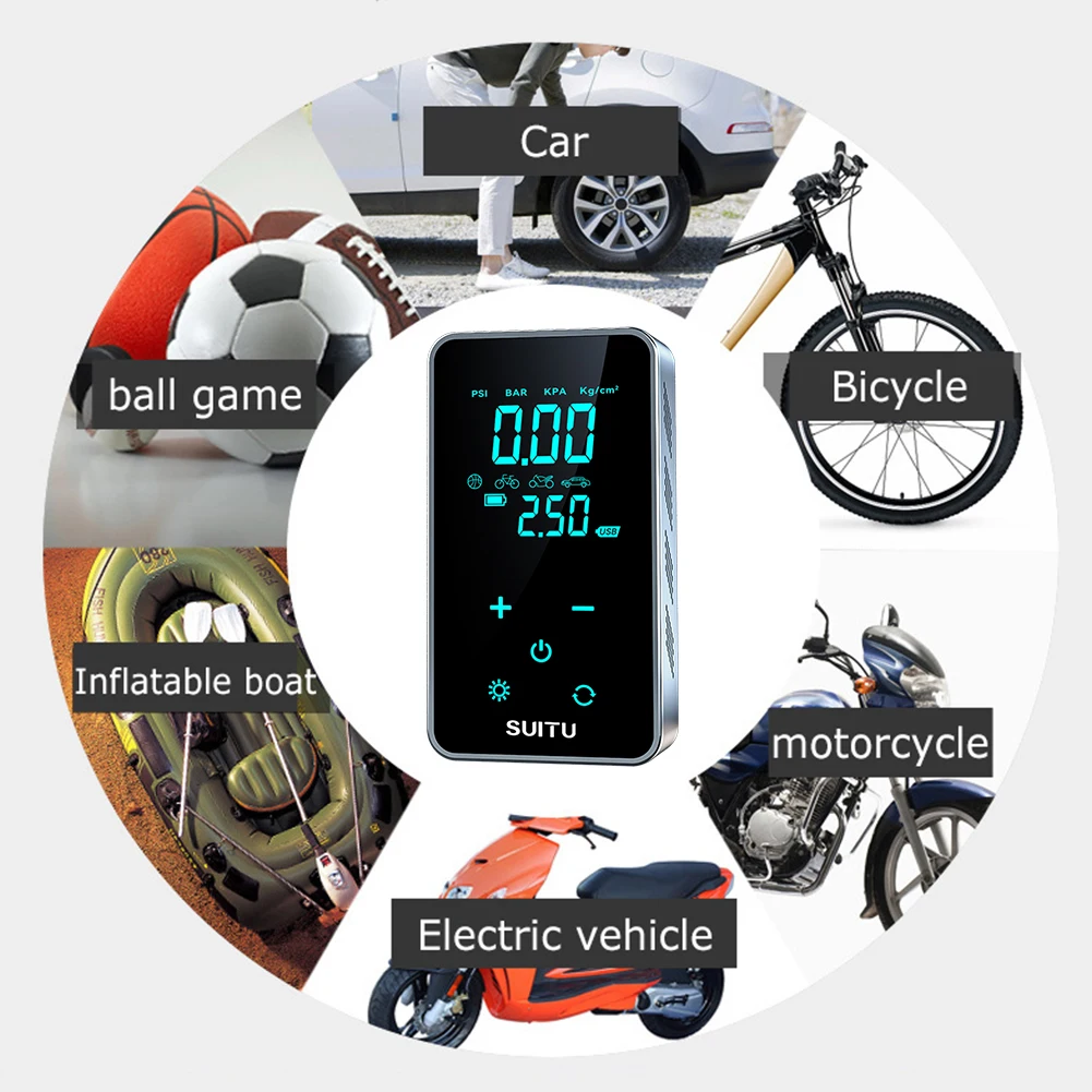 45W Mini Tire Inflator 150PSI 16L/Min Portable Air Compressor LCD Display Digital Pressure Gauge For Motorcycles Bicycle Ball