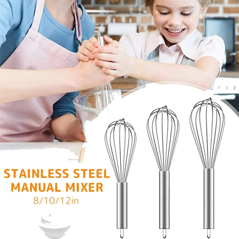 Premium Stainless Steel Manual Egg Beater with 6 Wire Whisks for Kitchen Balloon Whisking, Baking and Mixing - 8-10-12 Inch