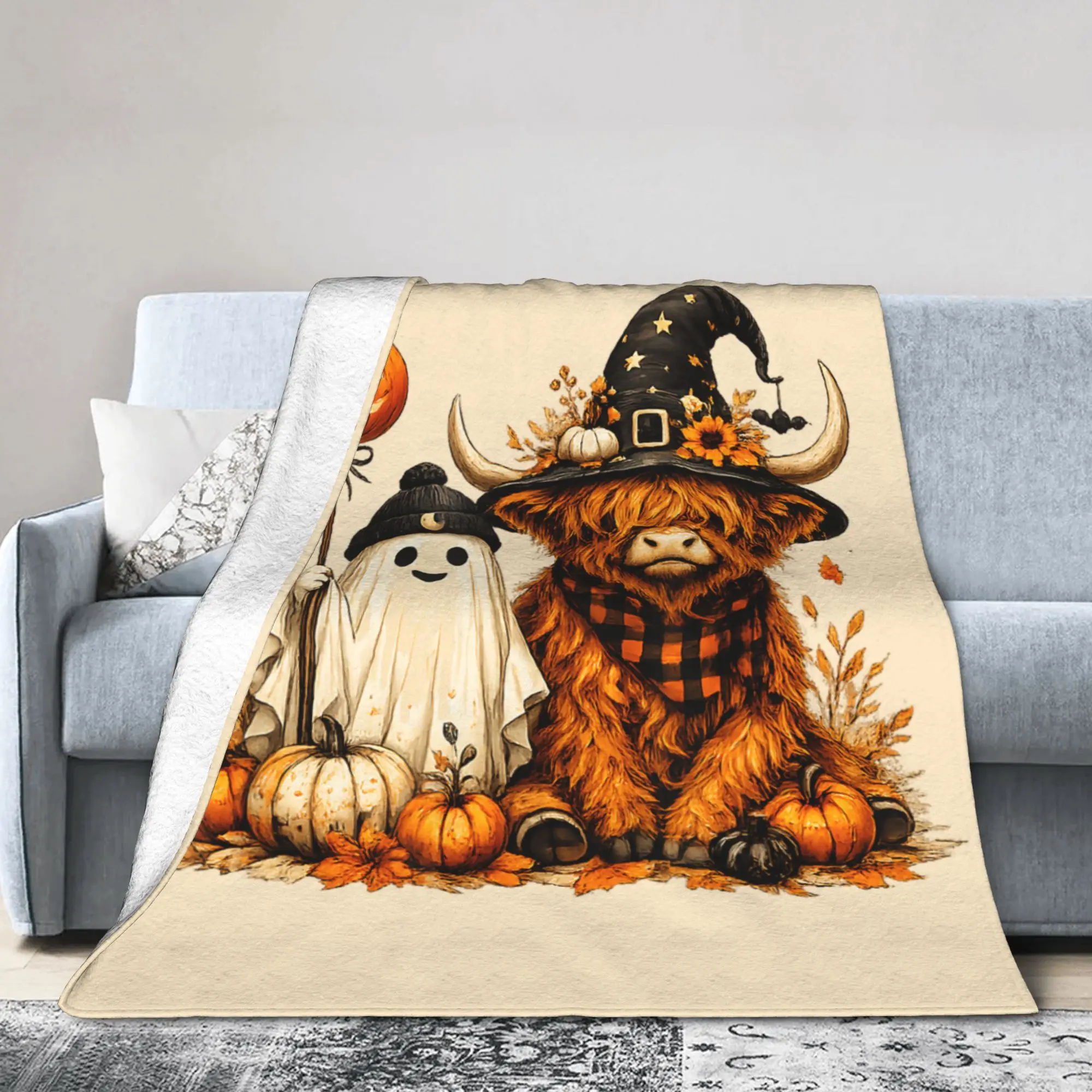 Halloween Highland Cow  Blankets Spooky Fall Flannel Awesome Warm Throw Blankets for Bedspread Textile Decor