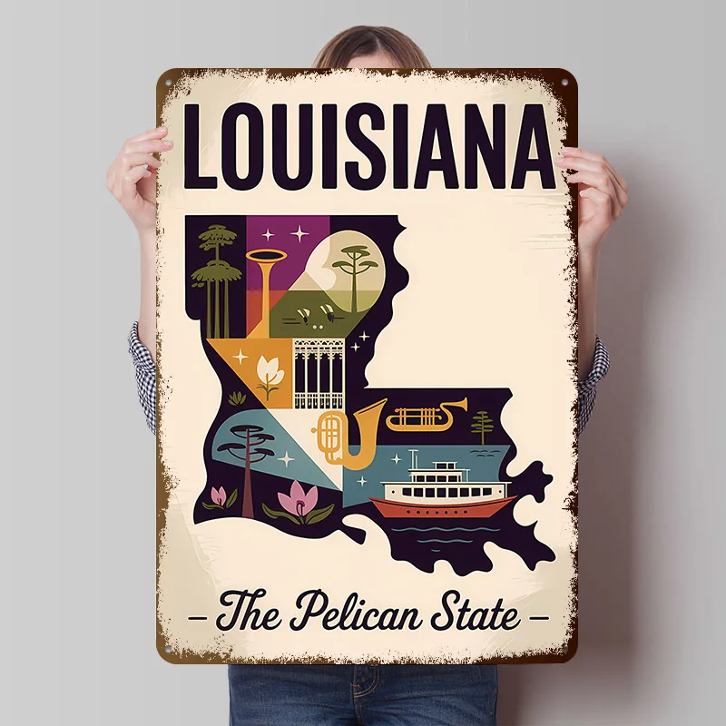 Louisiana: The Pelican State Art Print Printing Poster Customized Retro Wall Art Vintage Metal Signs for Room Luxury Home Decor