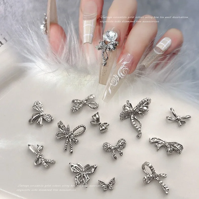 10Pcs Silver Bow Alloy Nail Charms,popular metallic butterfly rhinestone ornaments for daily manicure press-on nail decor