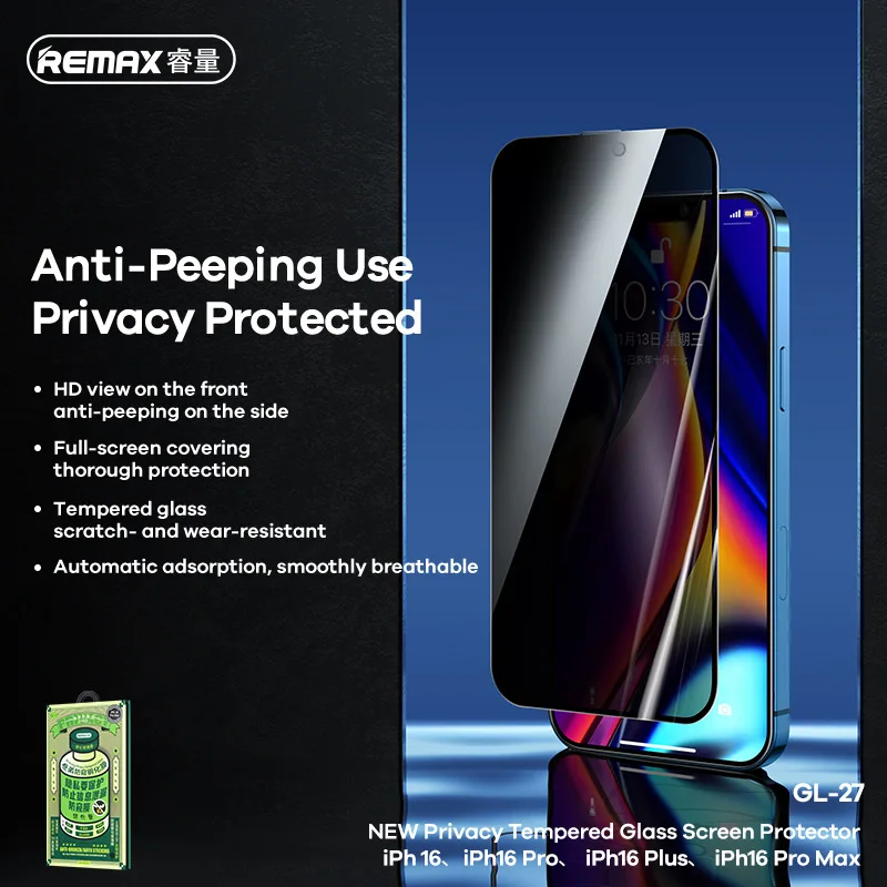 REMAX 3D Privacy Tempered Glass Screen Protector For iPhone 16 16Plus 16Pro 16Pro Max HD Clear