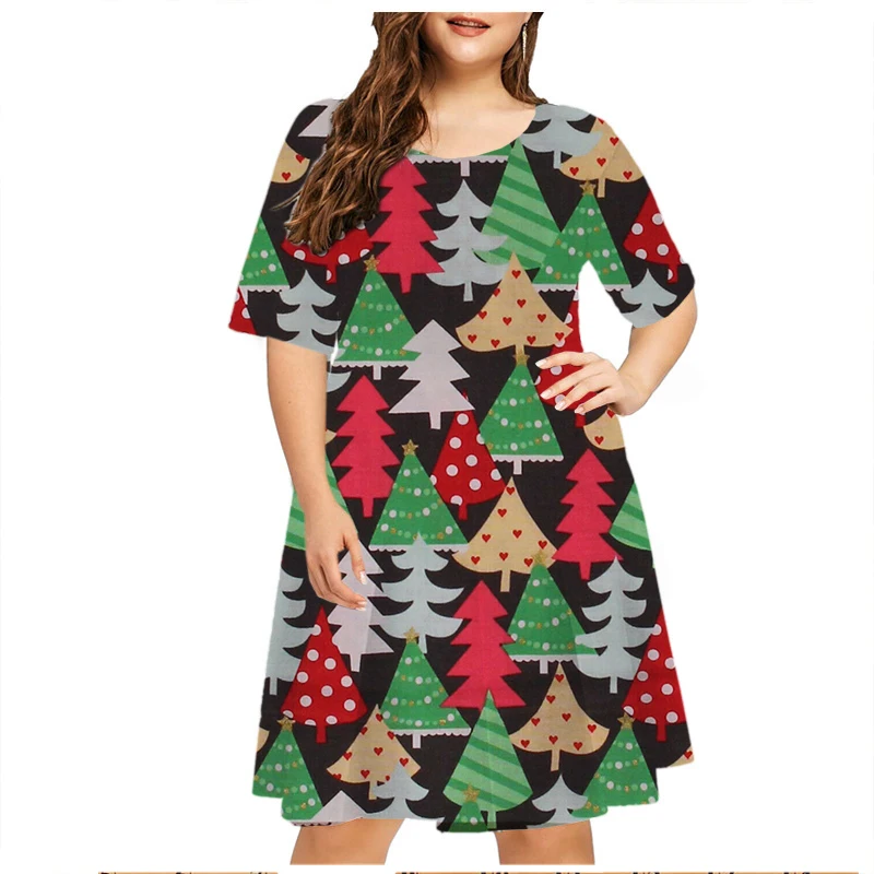 Christmas Trees Dresses For Women 2023 Fashion Print Christmas Gifts Dress New Summer Short Sleeve Loose Plus Size Dress 5XL 6XL