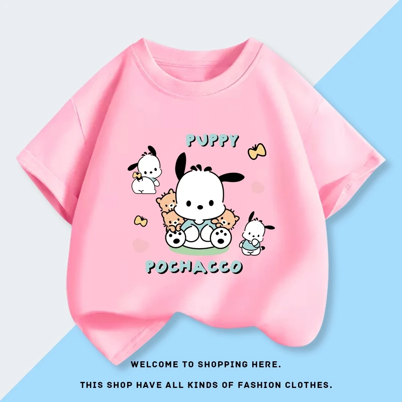 

Детская футболка Pochacco Mode с принтом, короткий рукав, 100% хлопок, летняя, новая цветовая гамма, корейская версия, повседневный топ