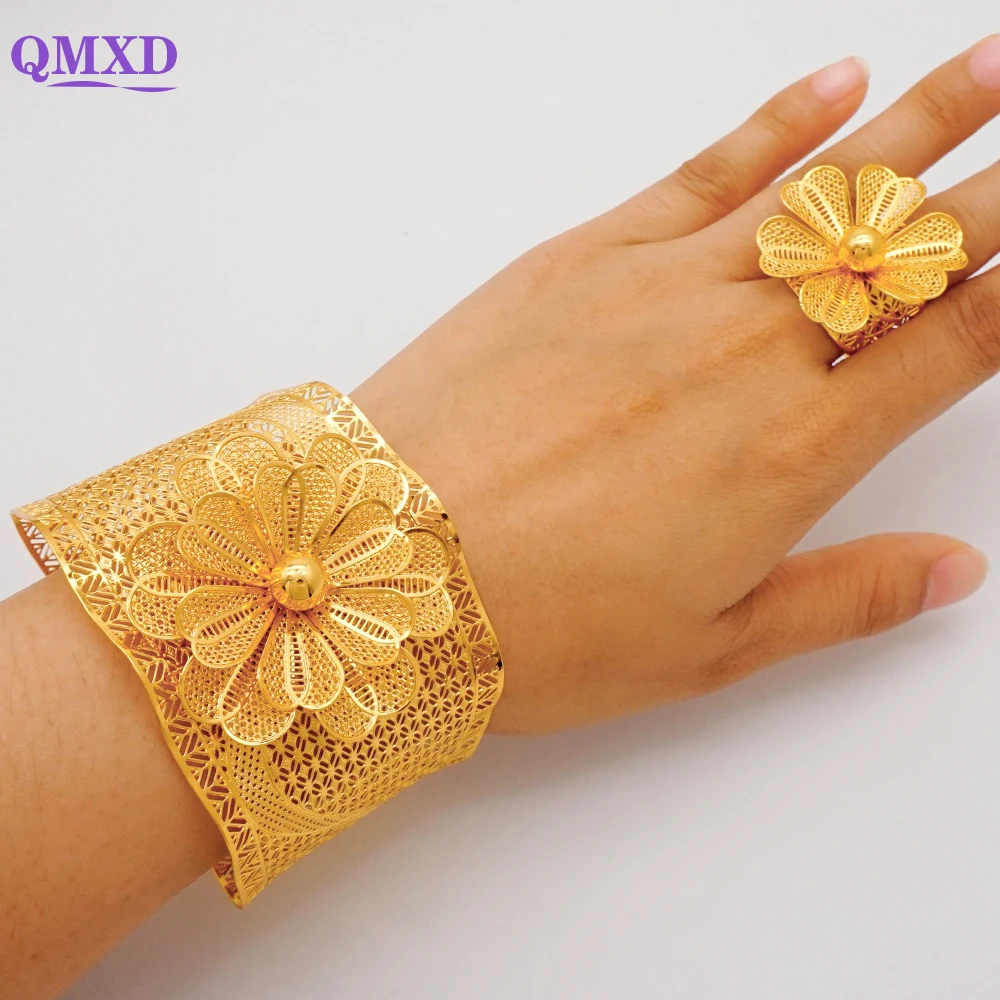 Ethiopian Dubai Gold Color Bangle With Ring Dubai Cuff Bracelet Female Flower Bangles Adjustable Bracelet Moroccan Bridal Gifts