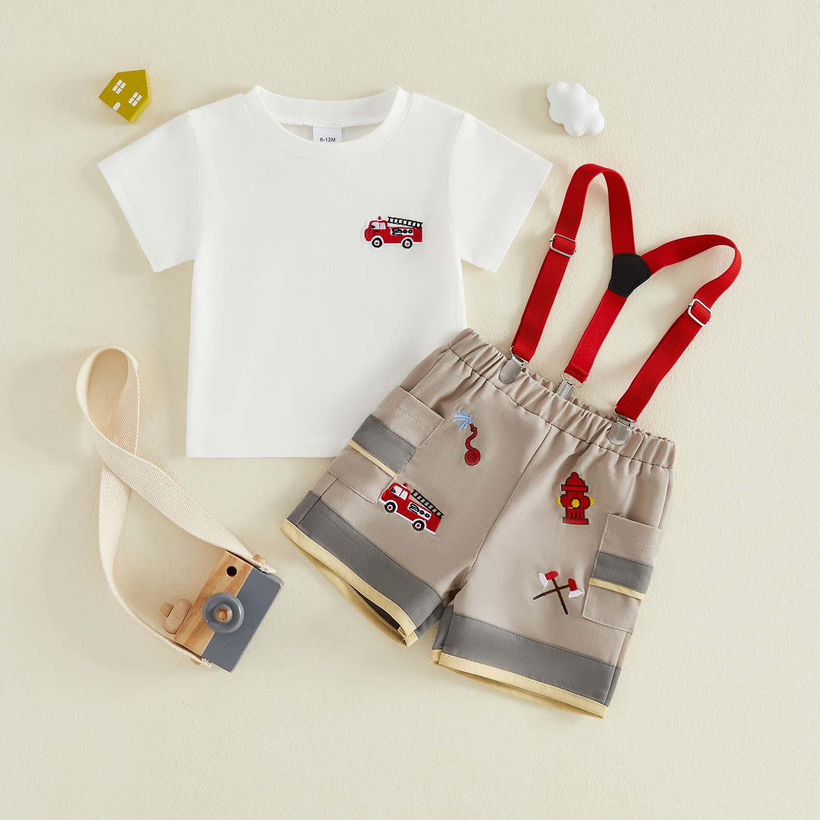 Toddler Baby Boy Summer Outfit Firefighting-themed Embroidered Crew Neck Short Sleeve Tops and Suspender Shorts 2Pcs Set