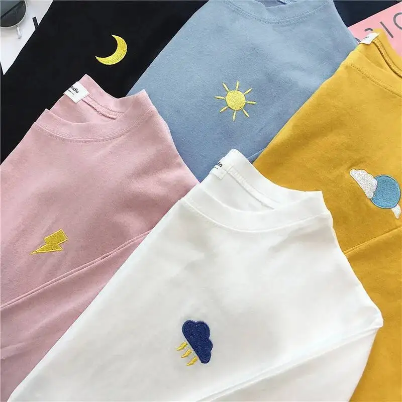Mulheres dos desenhos animados bordados camisetas harajuku simples t camisa outono manga longa casual solto camiseta estudante engraçado tshirt topos
