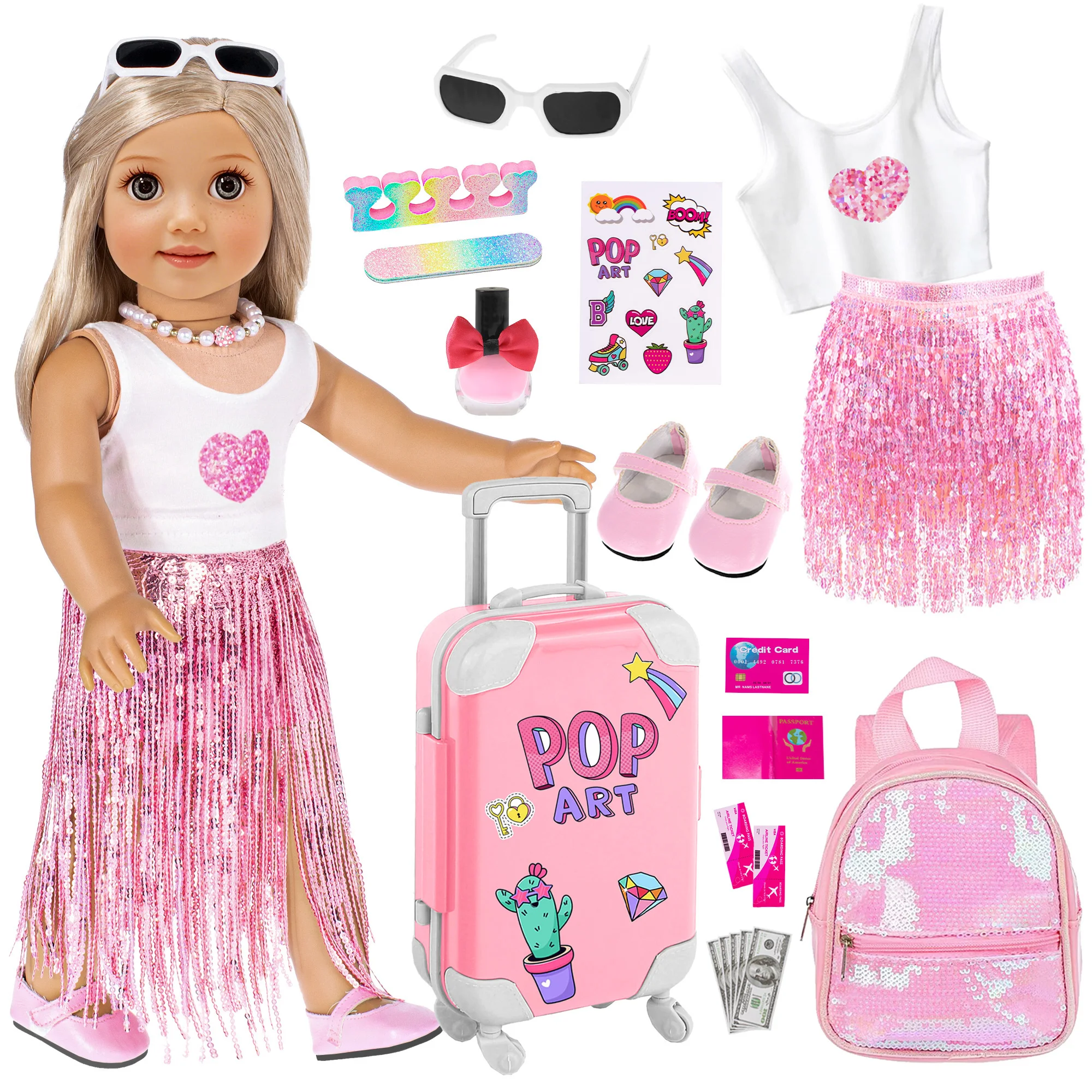 18 Inch Doll Clothes and Accessories-Fashion Fringe Dress with Travel Suitcase Backpack Manicure Playset Necklace Shoes (No Doll