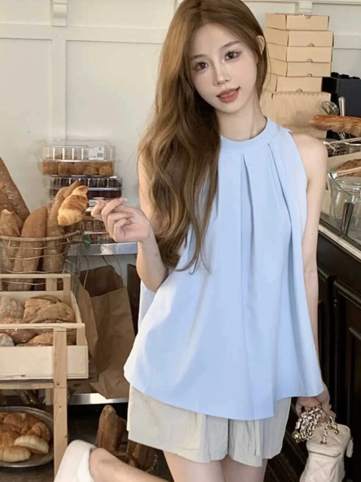 

Blue Svel round Ne ort A-Line Design Vest Top Women's Casual Faion Summer 2024 Polyester Blend Comfortable Fit