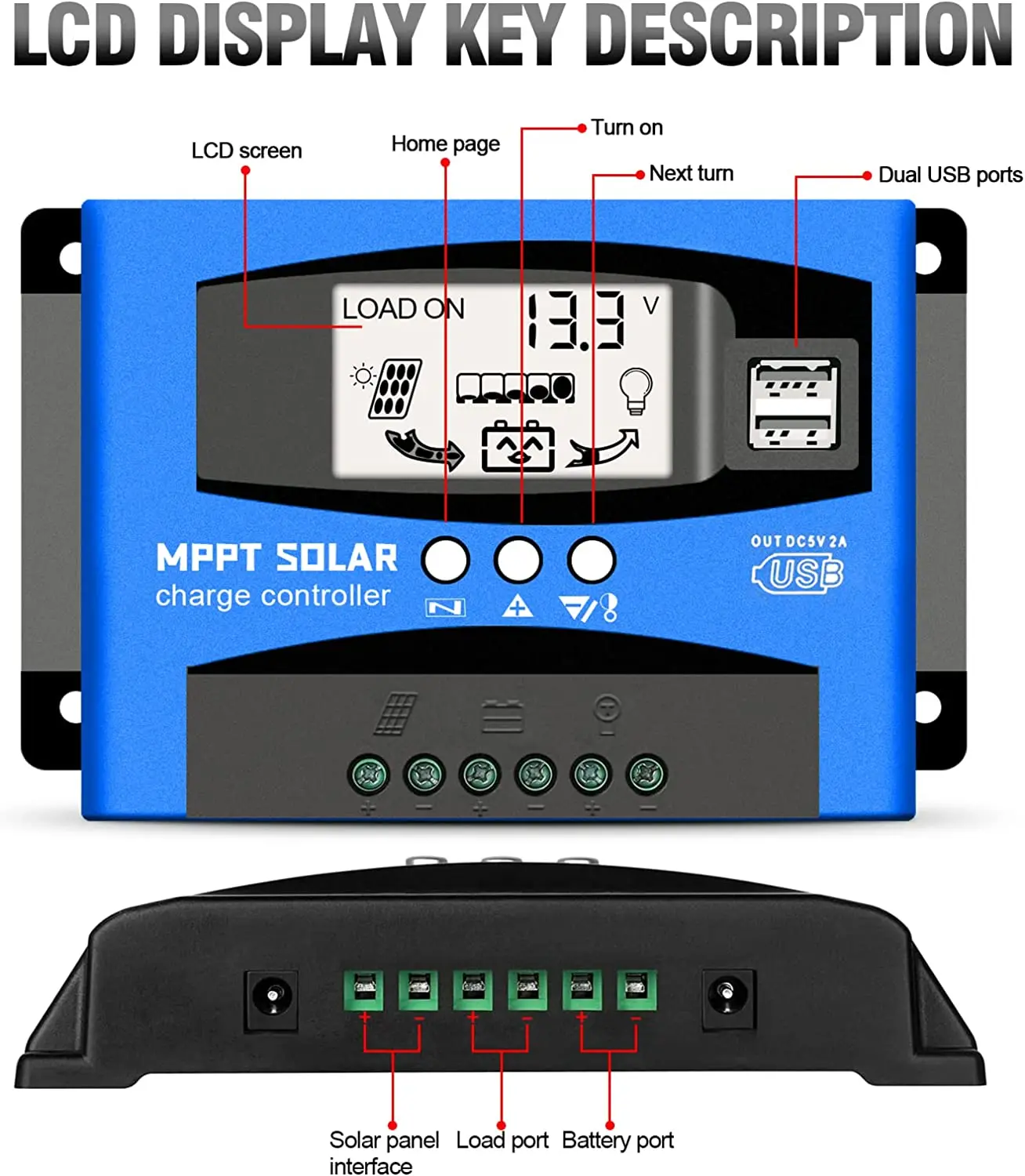 12v/24v current auto focus tracking charging with LCD USB solar regulator charge controller multiple load control modes