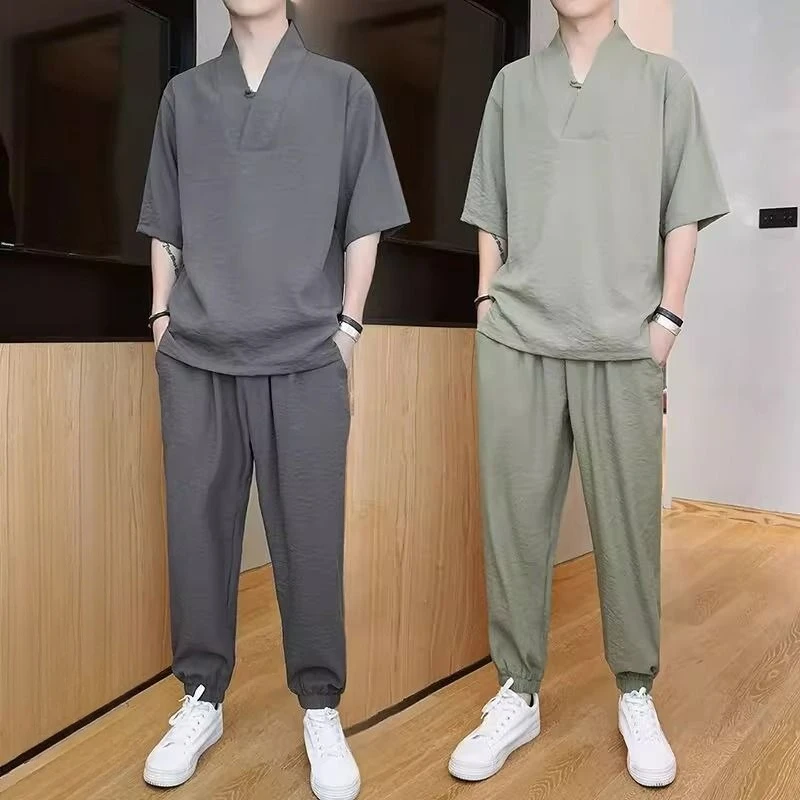 

Men's Pants Set Nylon Male T Shirt Trousers Sets Plain Original Brands Regular Fit Two-piece New in Tops & Tees Kpop Trendy Slim
