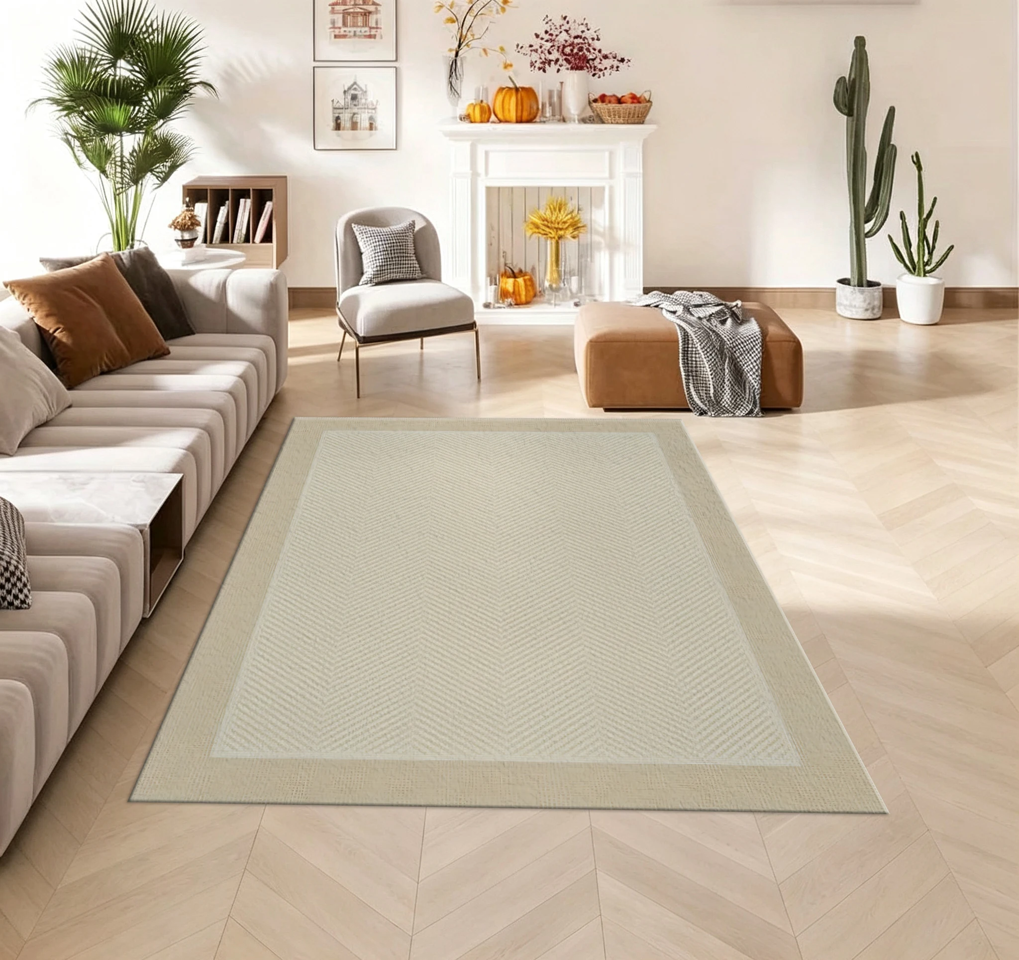 Beige Herringbone Pattern Carpet Flooring Geometric Border Design Indoor Area Rug