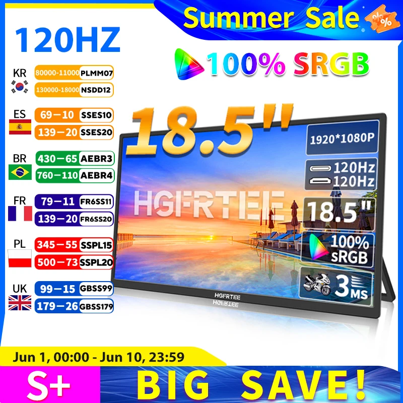 HGFRTEE 18.5inch 120Hz 100%RGB Portable Monitor Laptop Extended Display ADS-IPS HDR Screen With VESA Hole & Back bracket