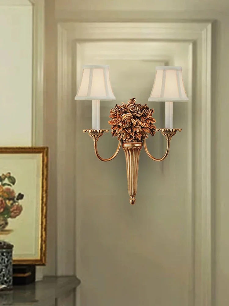 Luxury pure copper rose flower wall lamp European and American French villa living room background dining bedside bedroom