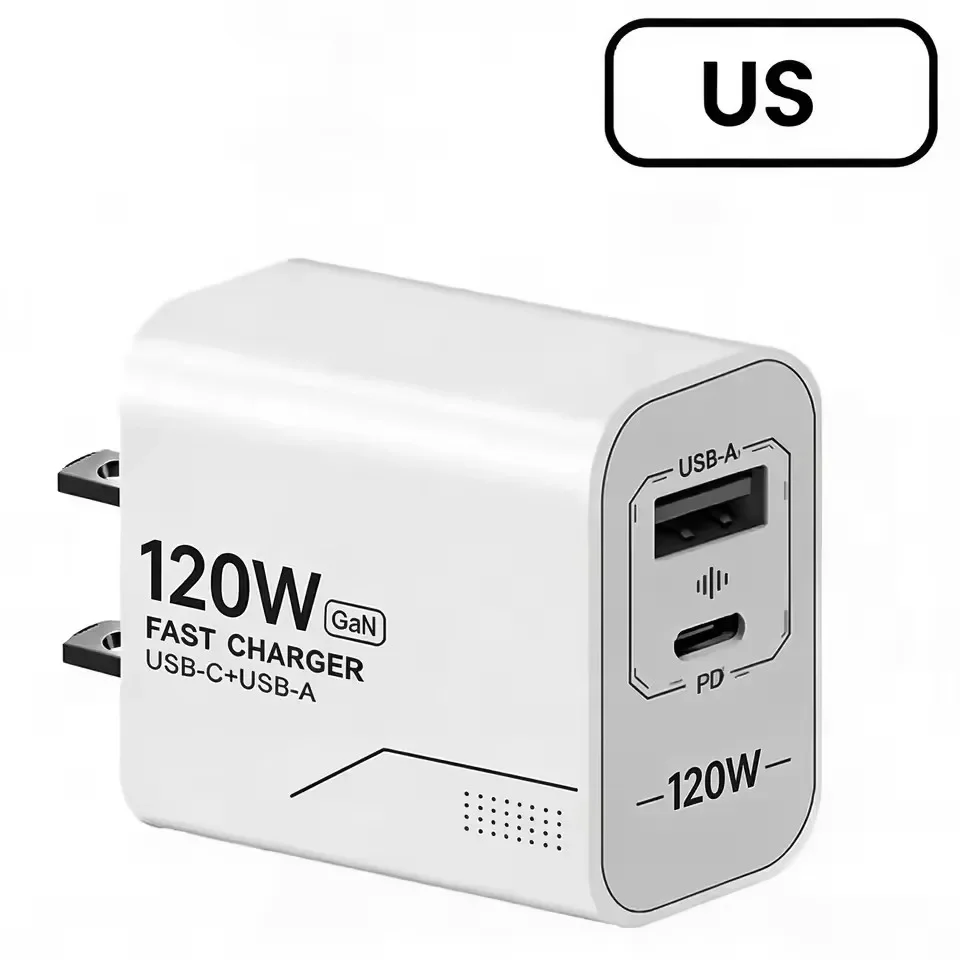 120W Fast Charging Charger 2-Port Wall Adapter US/EU Plug Phone GaN Charger Type C Charging Cable For iPhone Samsung Xiaomi