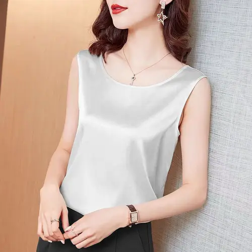 Imagen 2 del producto Chaleco de primavera y verano para mujer, traje de moda con tirantes de ocio y abrigo elegante de satén sin mangas con cuello redondo para mujer