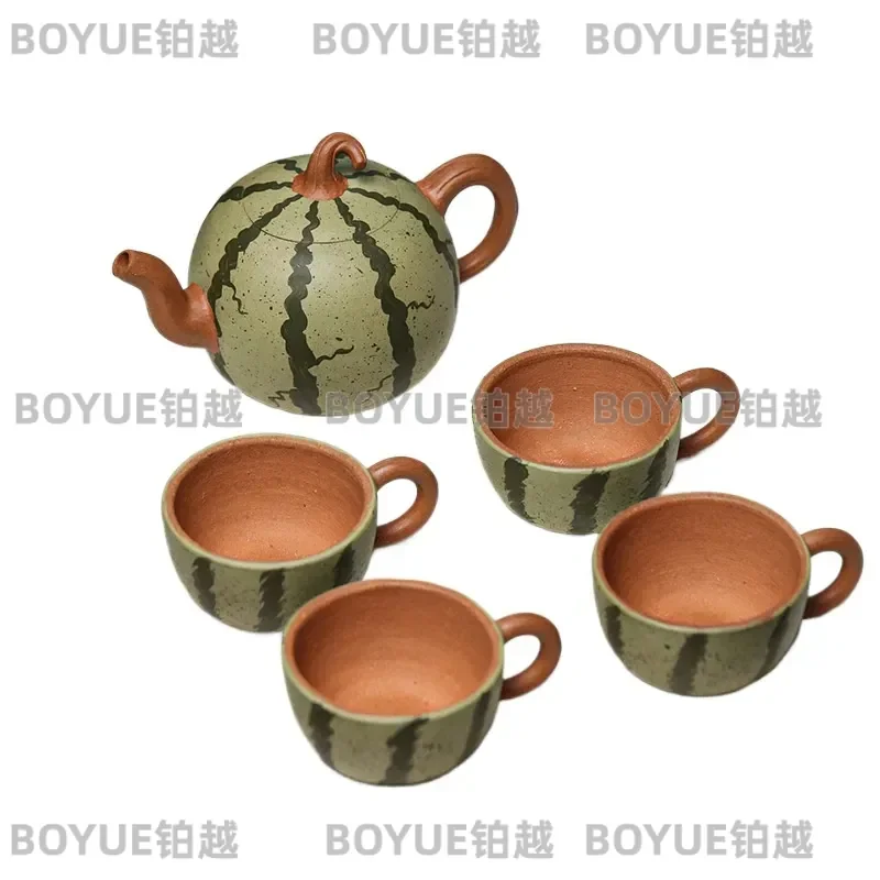 Yixing raw ore purple sand teapot powder pulp bionic thin tire watermelon pot set pot gift box household kung fu tea set