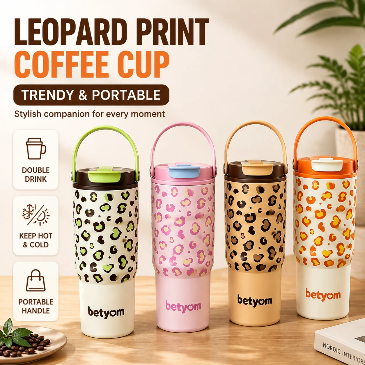 Leopard Coffee Mug 316 Stainless Steel Ceramic Inner  Insulated Tumbler Portable Leakproof Water Cup for Women Commute Daily Use
