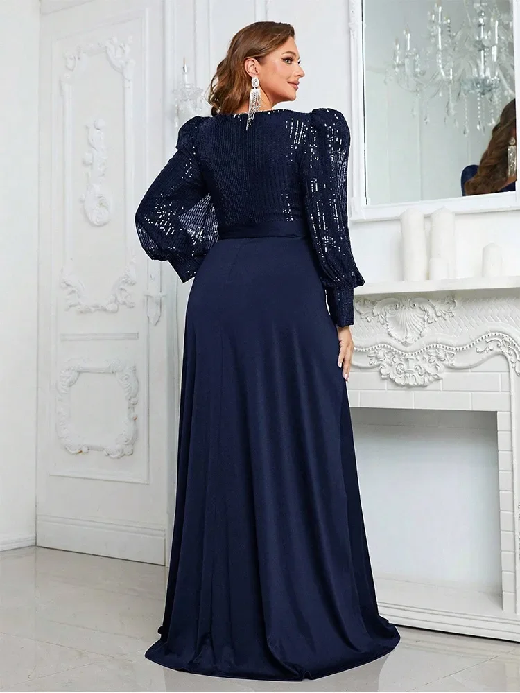 Vestido de noite elástico com decote V para mulheres, bordô, manga longa, piso, piso, banquete, plus size, 4XL, tamanho grande, elegante, luxo