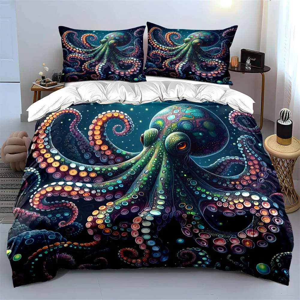 Colorful octopus underwater scene. Print Bedding Set 1 Duvet Cover 2 Pillowcases for Adult and Children Luxury Gift Full Size
