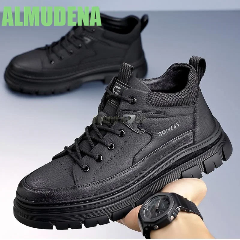 

Lace Up Thick Soled High Top Shoes Men's Height Increasing Casual Workwear Shoes Black Round Toe Leather Versatile Flat Shoes
