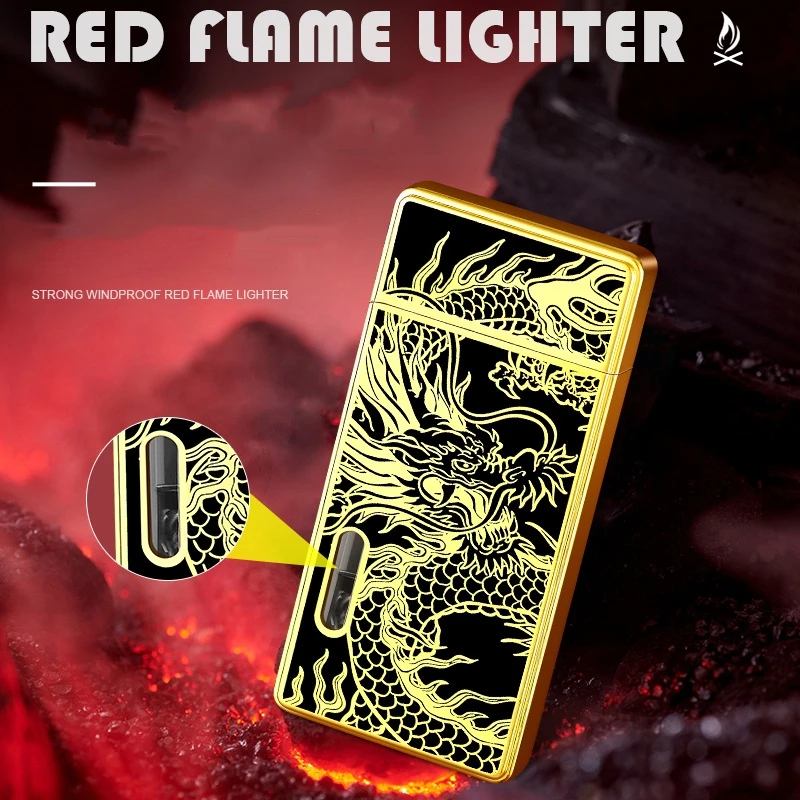 New Portable Metal Windproof Transparent Oil Tank Red Jet Flame Butane Gas Lighter Cool Originality Exquisite Patterns Lighter