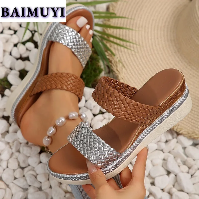 Weave Wedges Women Slippers High Heels Shoes Summer New Sandals Woman 2025 Brand Trend Flip Flops Casual Slingback Slides Shoes