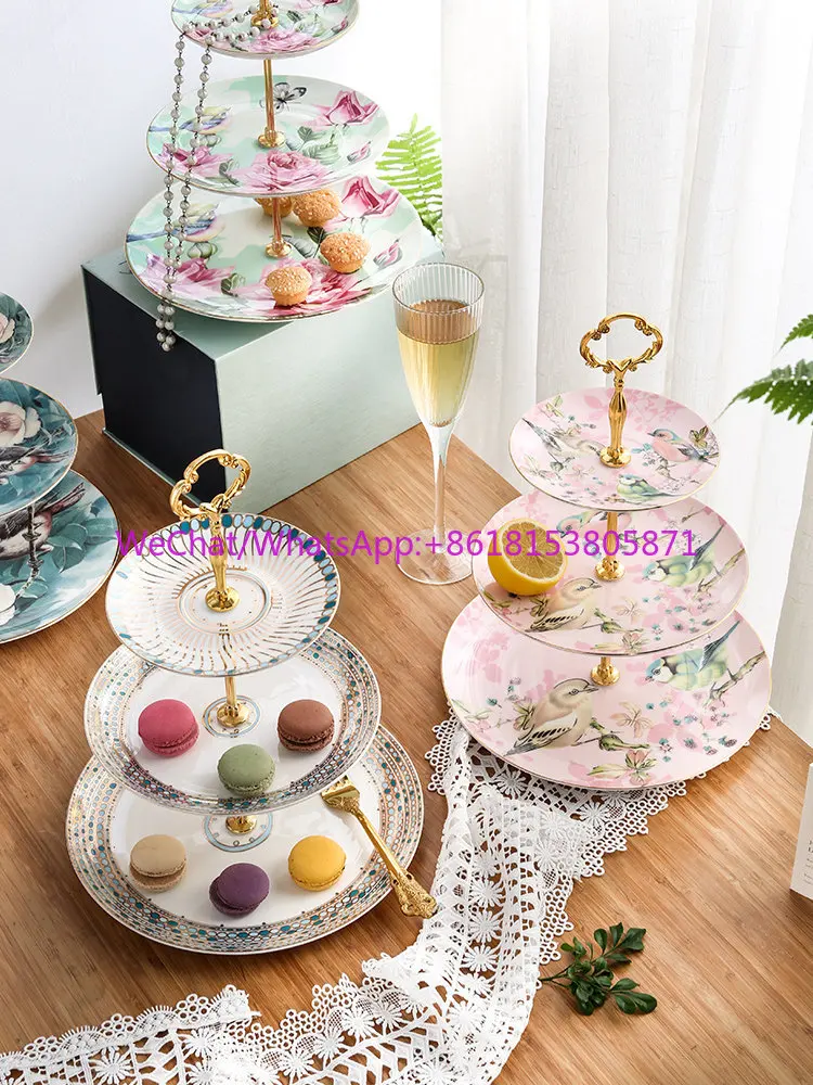 European ceramic three-layer snack rack double-layer fruit plate living room coffee table household