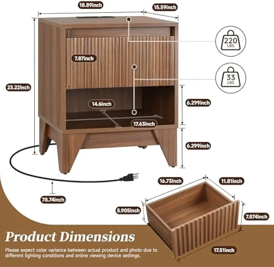 Side Table with Charging Station, Wood Dresser with USB A + C Ports & Outlets, Modern Versatile Nightstand with Storage, Bedroom