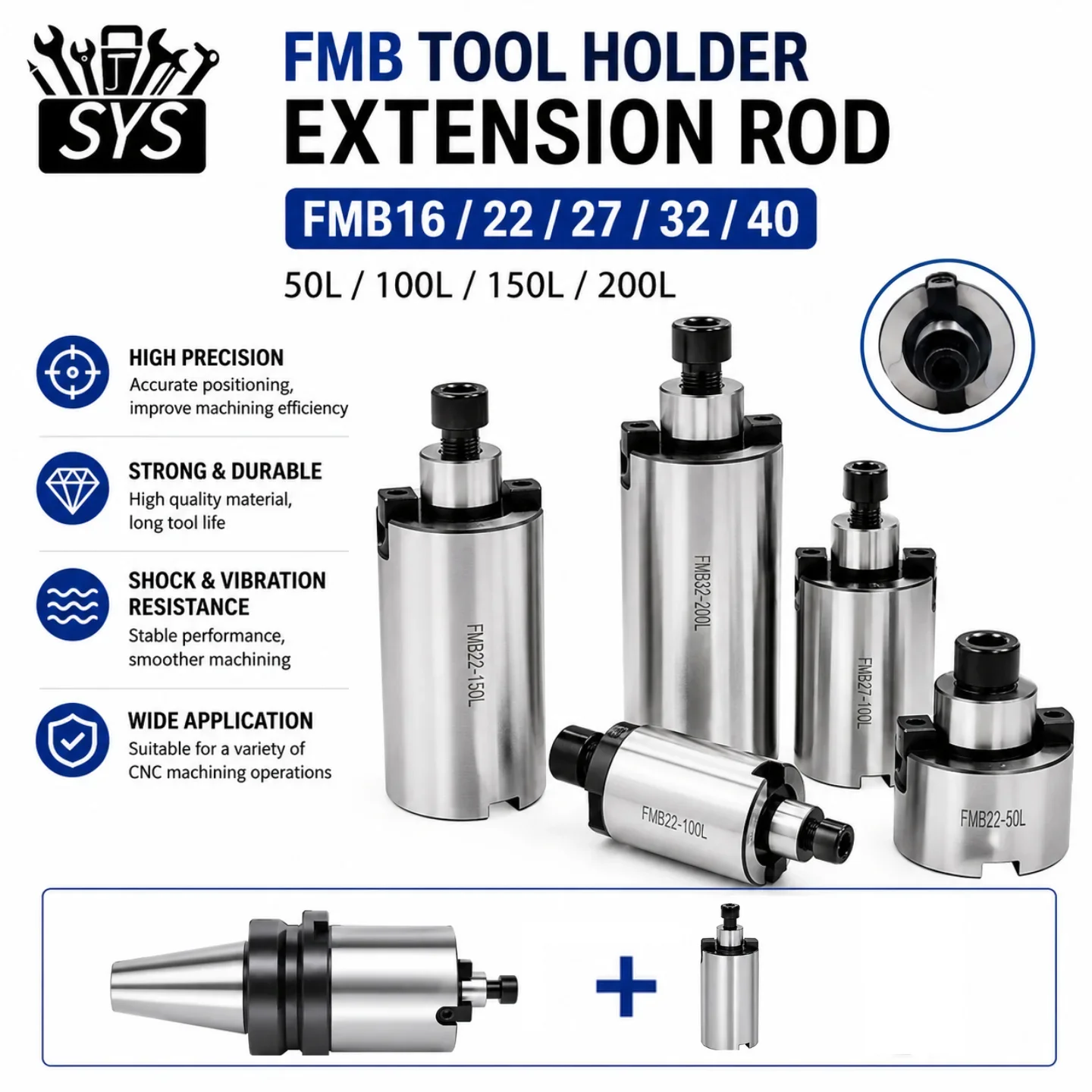 Milling Cutter Head Extension Rod FMB16/22/27/32/40-50L/100L Tool Holder Lathe BT30 BT40 Spindle Connected Shank CNC Accessories