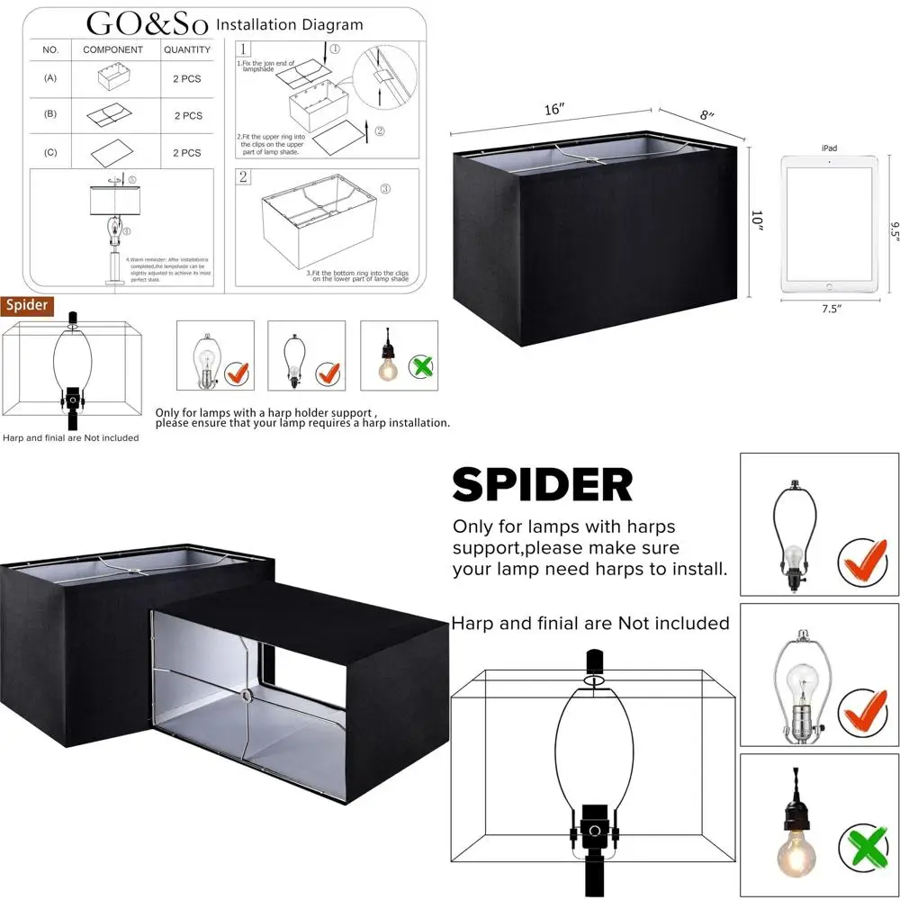 

Пара черных прямоугольных абажуров (16 шт.), 8x16x10, с креплением Spider, цоколь E26 для напольных и настольных ламп, подходят для гостиной, спальни