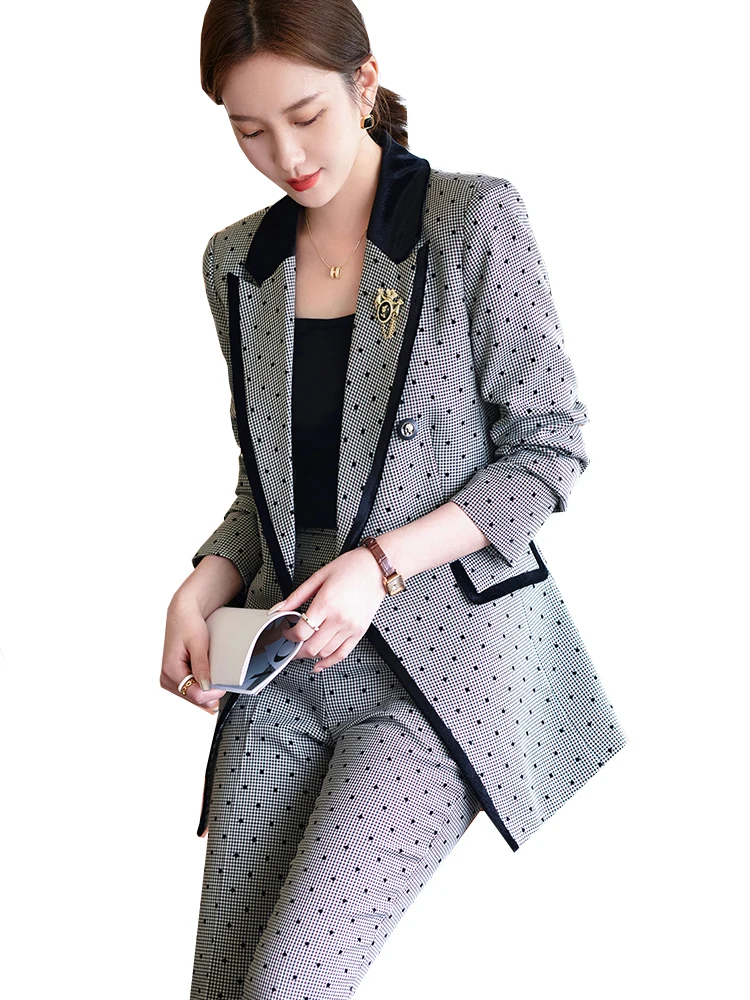 Moda donna grigio Plaid Pant Suit Ladies manica lunga Business Work Wear Blazer e pantaloni formale 2 pezzi Set per l\'autunno inverno