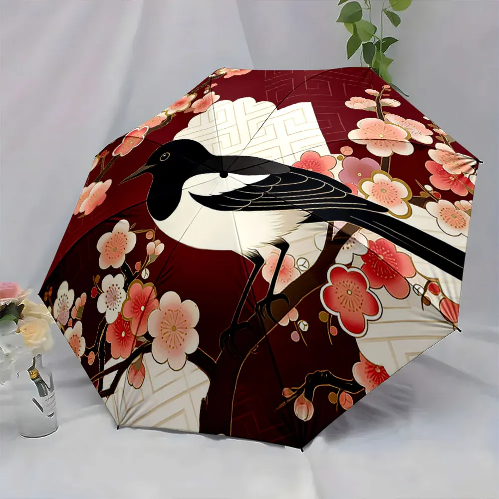 1PC Elegant Umbrella Design Featuring a Bird and Cherry Blossoms Print 8 Iron Ribs Folding Umbrella Auto-Open Fashion Sunshade