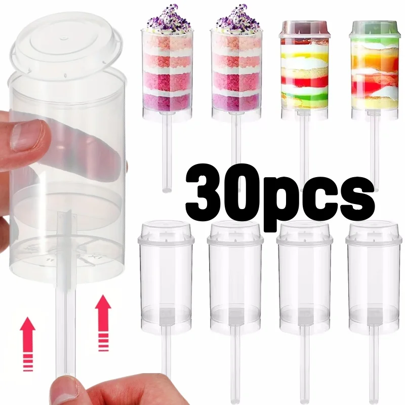 Nuevo 30 Uds. Tiradores de plástico Push Pop para pasteles con tapas, contenedores transparentes de helado Push-Up para cocina, fiesta, postres, hornear
