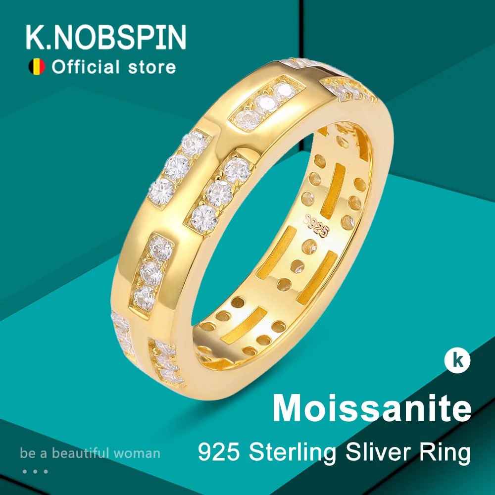 

KNOBSPIN D VVS Full Moissanite Ring GRA Certified 925 Sliver Plated 18k Eternity Band HipHop Sparkling Party Rings for Women Man