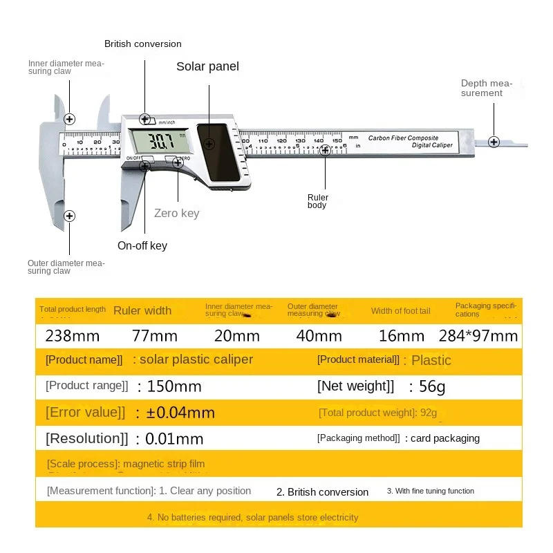 Solar 0-150mm noniusz suwmiarka z tworzywa sztucznego LCD cyfrowy zacisk przyrząd do pomiaru głębokości elektroniczna mikrometr linijka miernik 6\