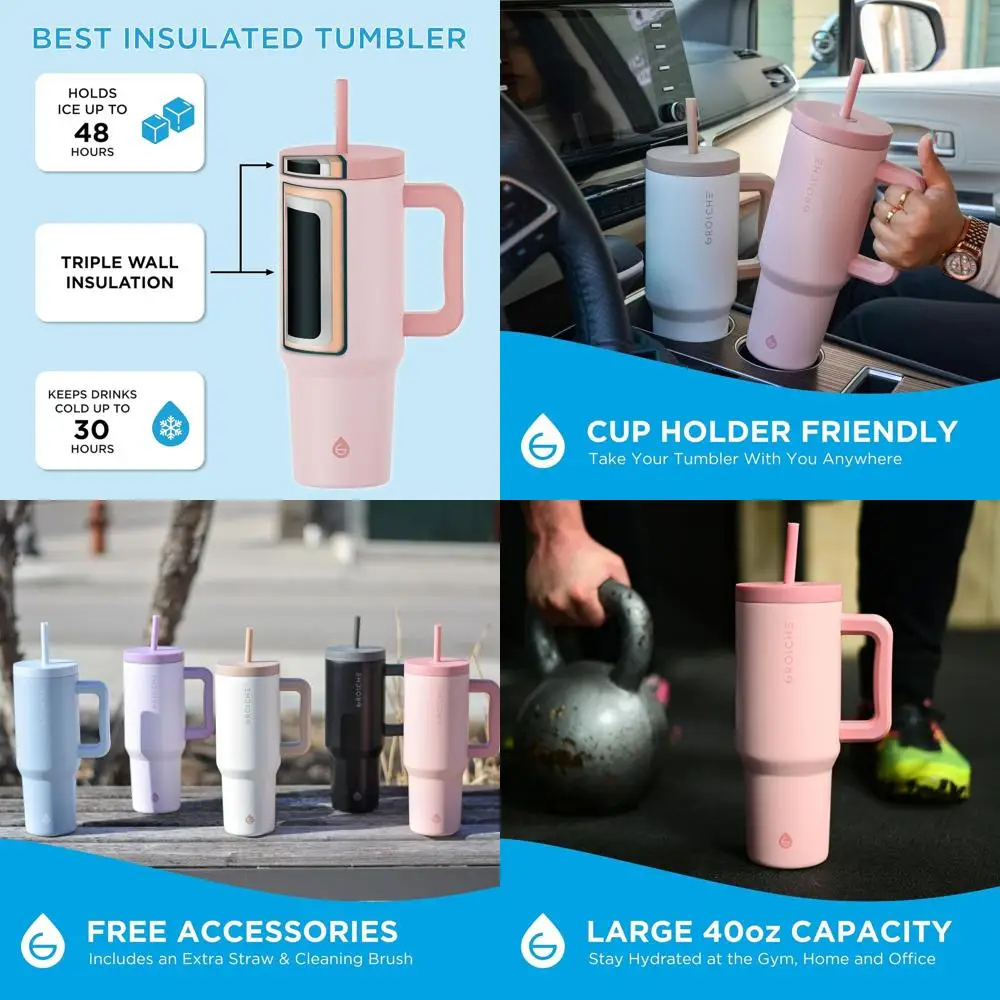 

Rose Pink 40oz Insulated Stainless Steel Tumbler with Handle, Lid, and Straw - Durable and Stylish