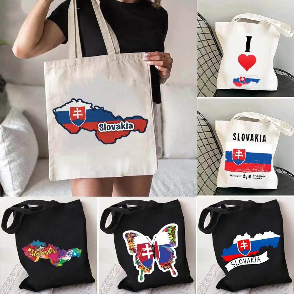 Bolsos de mano de lona de algodón, bolsos de hombro, mariposa eslovaca, abrigo de armas de Eslovaquia, corazón, bandera nacional, mapa, Shopper