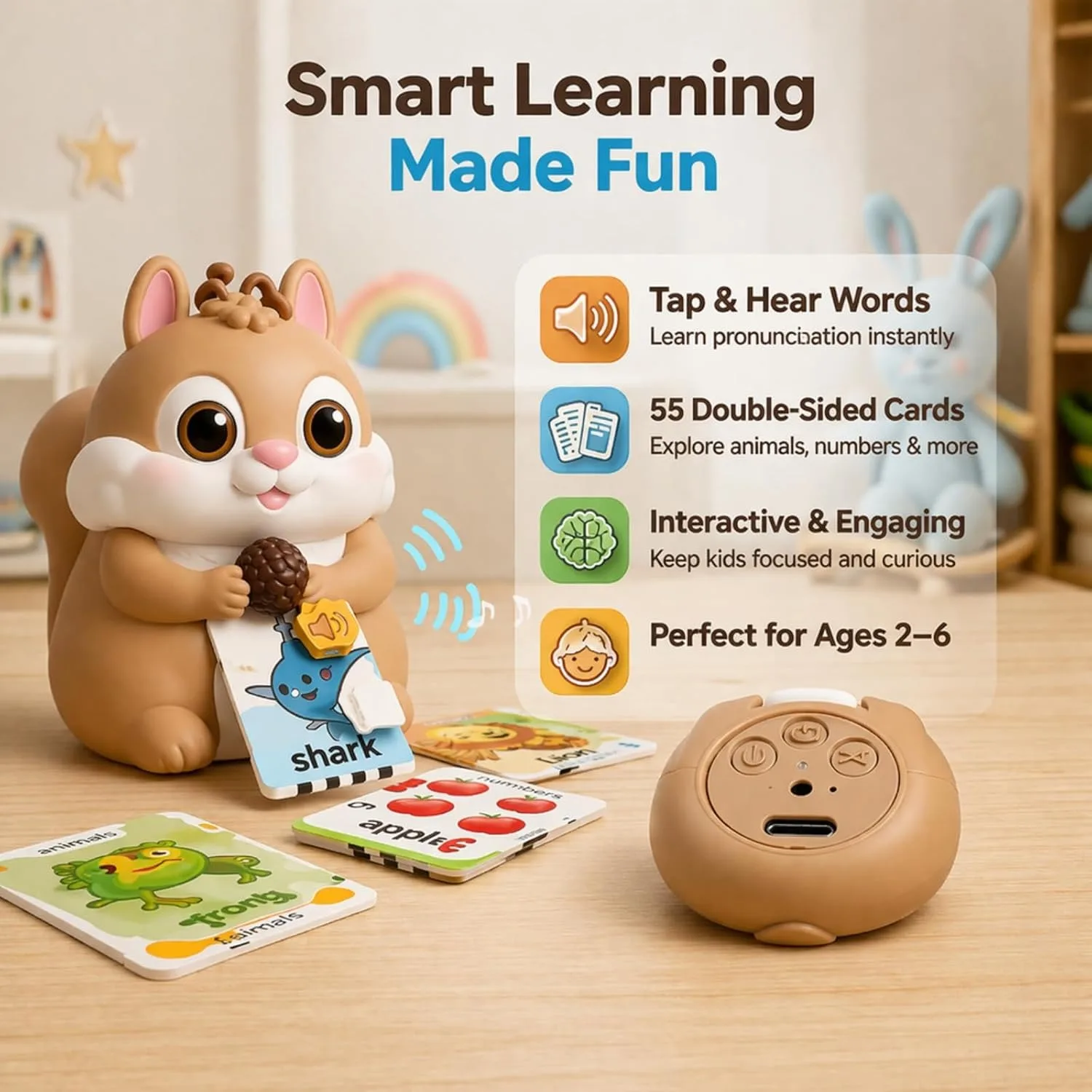 

Little Squirrel Smart Reading Toy 55 Cards 110 Pages Kids Early Education English Learning Teaching Flashcards Educational Gift