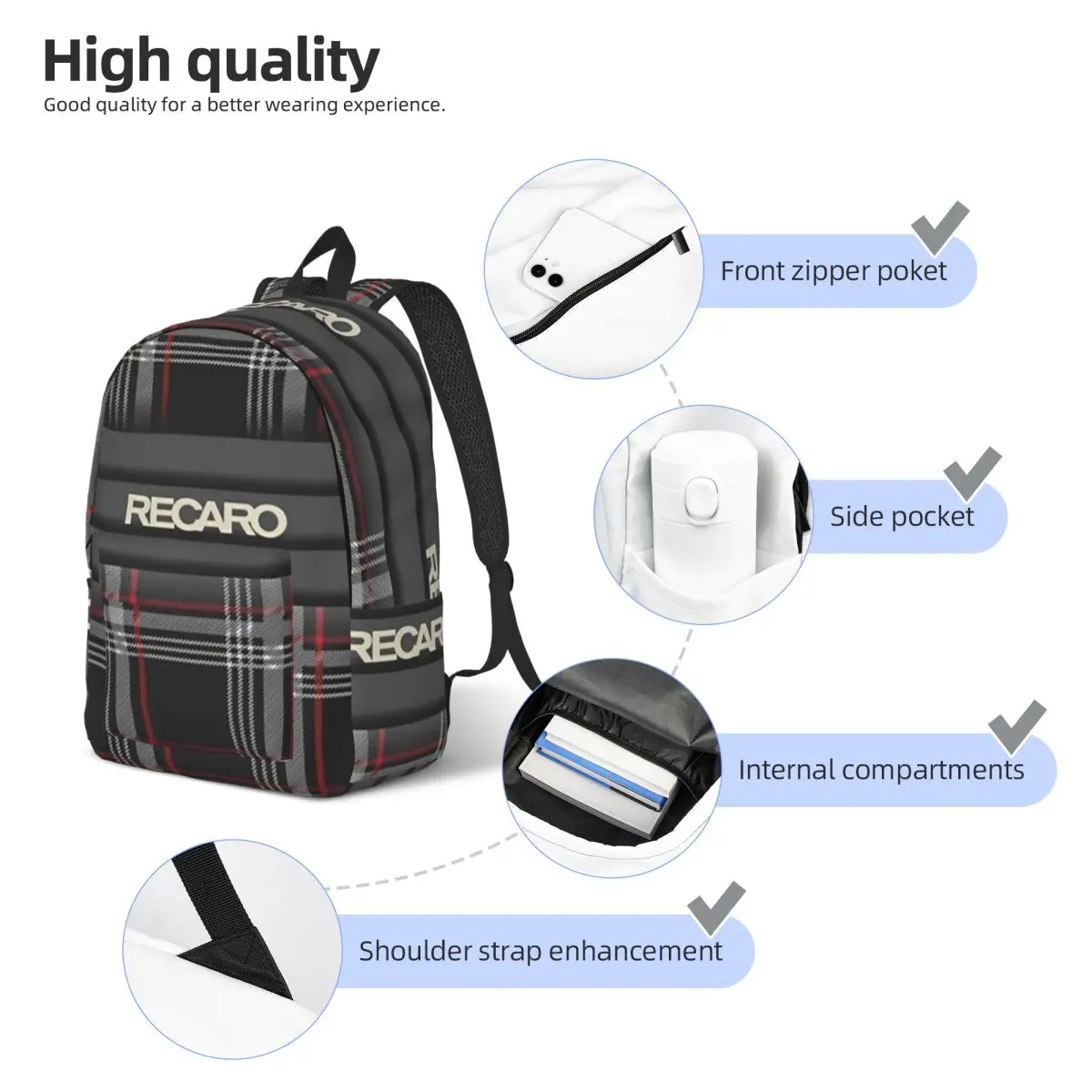Tartan Plaid Recaros Student Backpack School Bag Hiking Travel Daypack for Men Women Bookbag Shoulder Bags view 4
