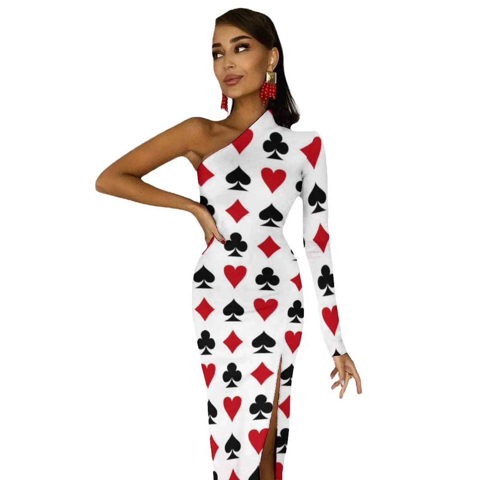 Poker Heart Side Split Bodycon Dress Woman Card Suits Poker Style Lucky Elegant Maxi Dress One Shoulder Party Dresses Present