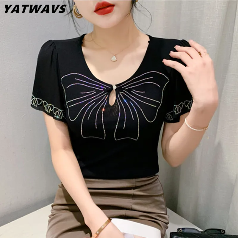 

New Arrivals Summer Short Sleeved Women's T-Shirt Clothes Fashion Sexy Hollow Out Bowknot Hot Diamond Mesh Tees Top M-3XL Blouse