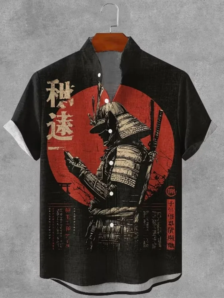 Summer men's shirt short sleeved shirt Japanese samurai black cat printed shirt retro loose casual top comfortable fabric